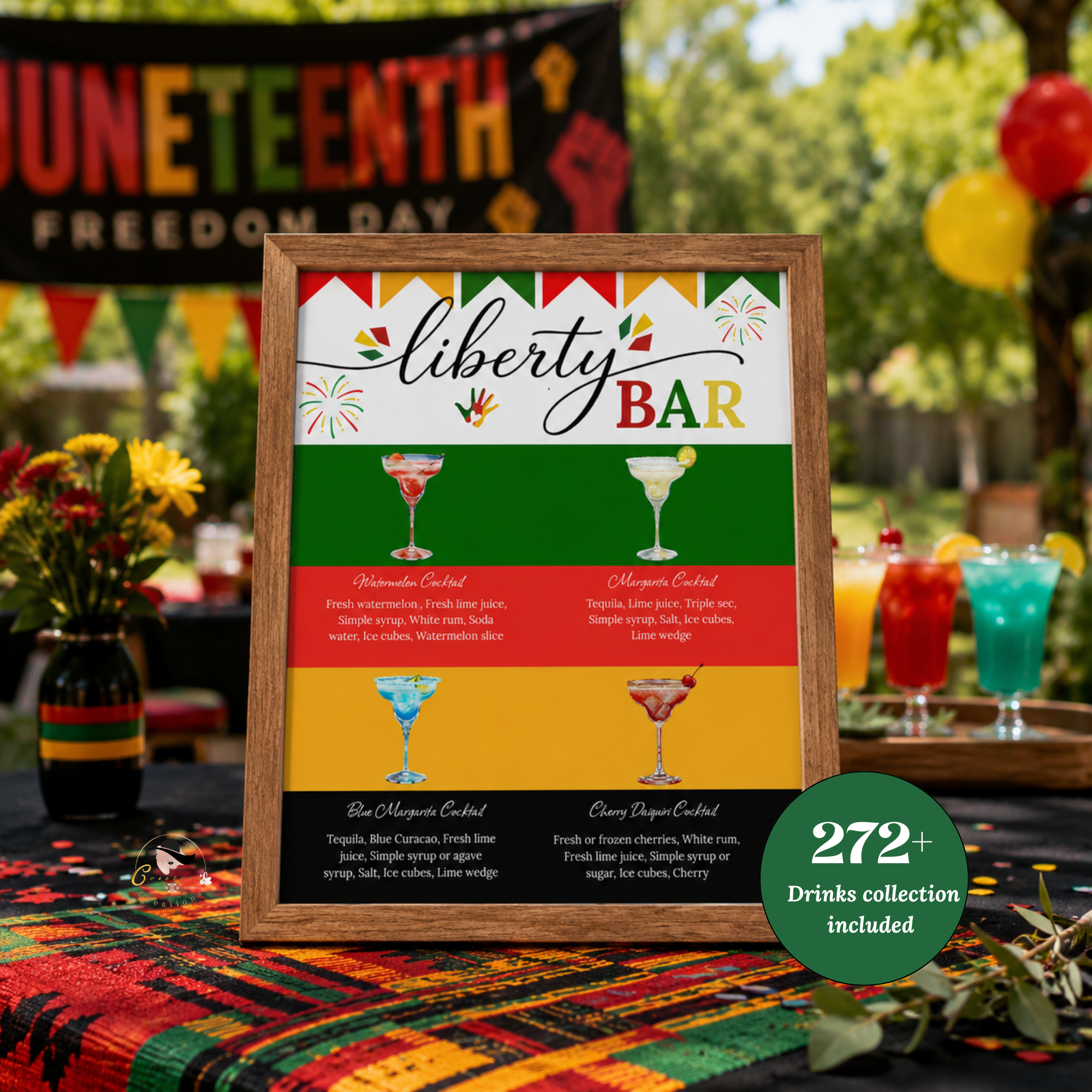 Juneteenth Signature Drinks Bar Menu Sign, Black Freedom Day Printable Table Sign, Jubilee Day Party Cocktails Sign, Canva Template