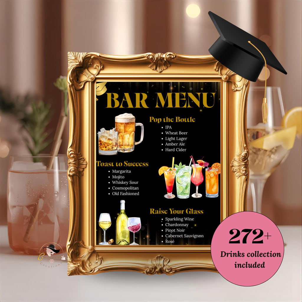 Graduation Bar Menu Template, Editable Drink Menu, Class of 2026 Cocktail Menu, Custom Grad Party Menu, Canva Printable