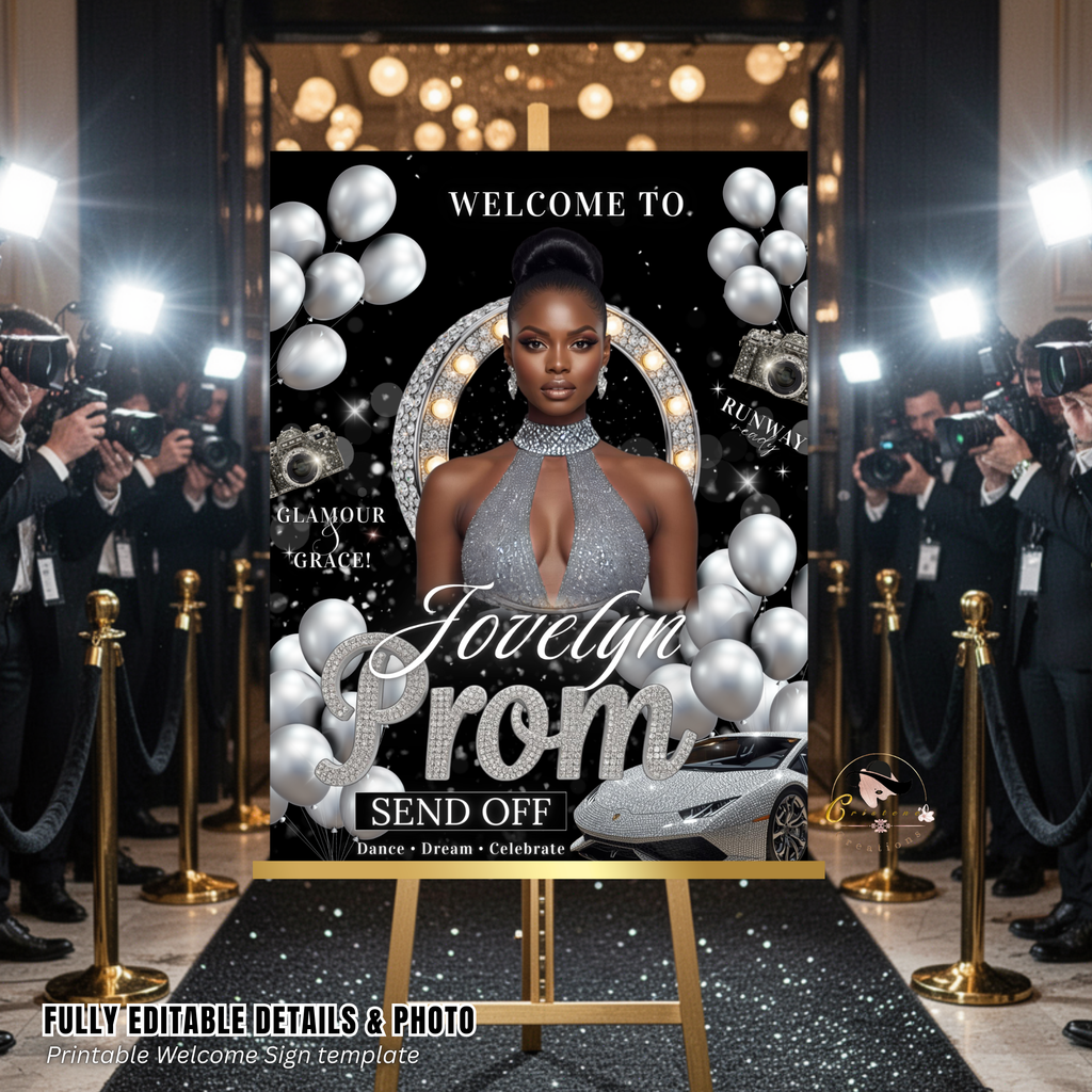 Black Silver Prom Send Off Welcome Party Sign, Prom Queen Poster Sign with photo, Entrance Board Sign, Teen Girl and Boy Printable Template