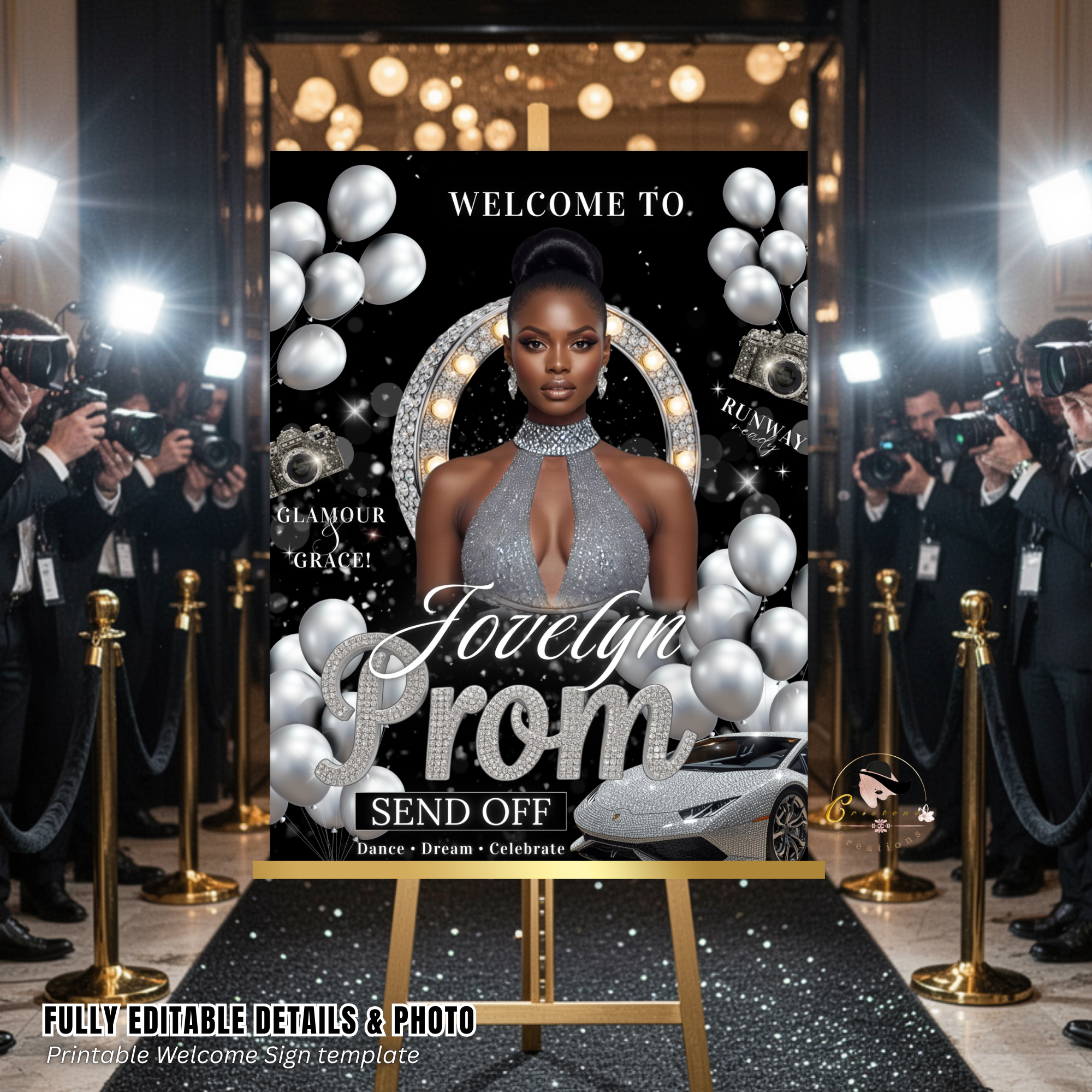 Black Silver Prom Send Off Welcome Party Sign, Prom Queen Poster Sign with photo, Entrance Board Sign, Teen Girl and Boy Printable Template