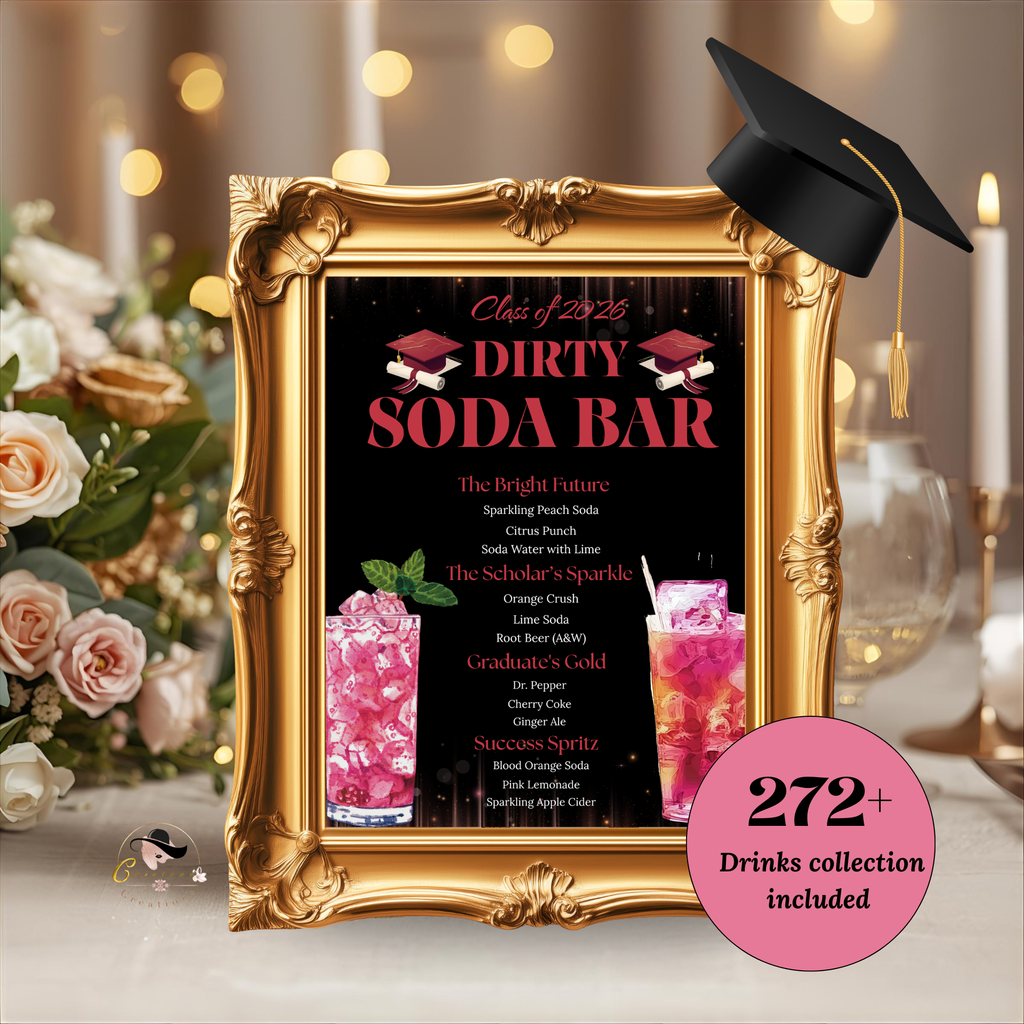 Graduation Soda Bar Menu Template, Editable Drink Station Sign, Class of 2026 Grad Party Drinks, Editable Canva Printable