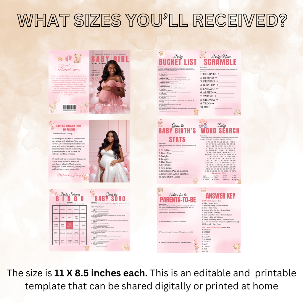 Pink Baby Shower Activity Booklet, Baby Shower Games Bundle Teddy Bear Themed, Magazine Style with photo Printable Party Decor Template