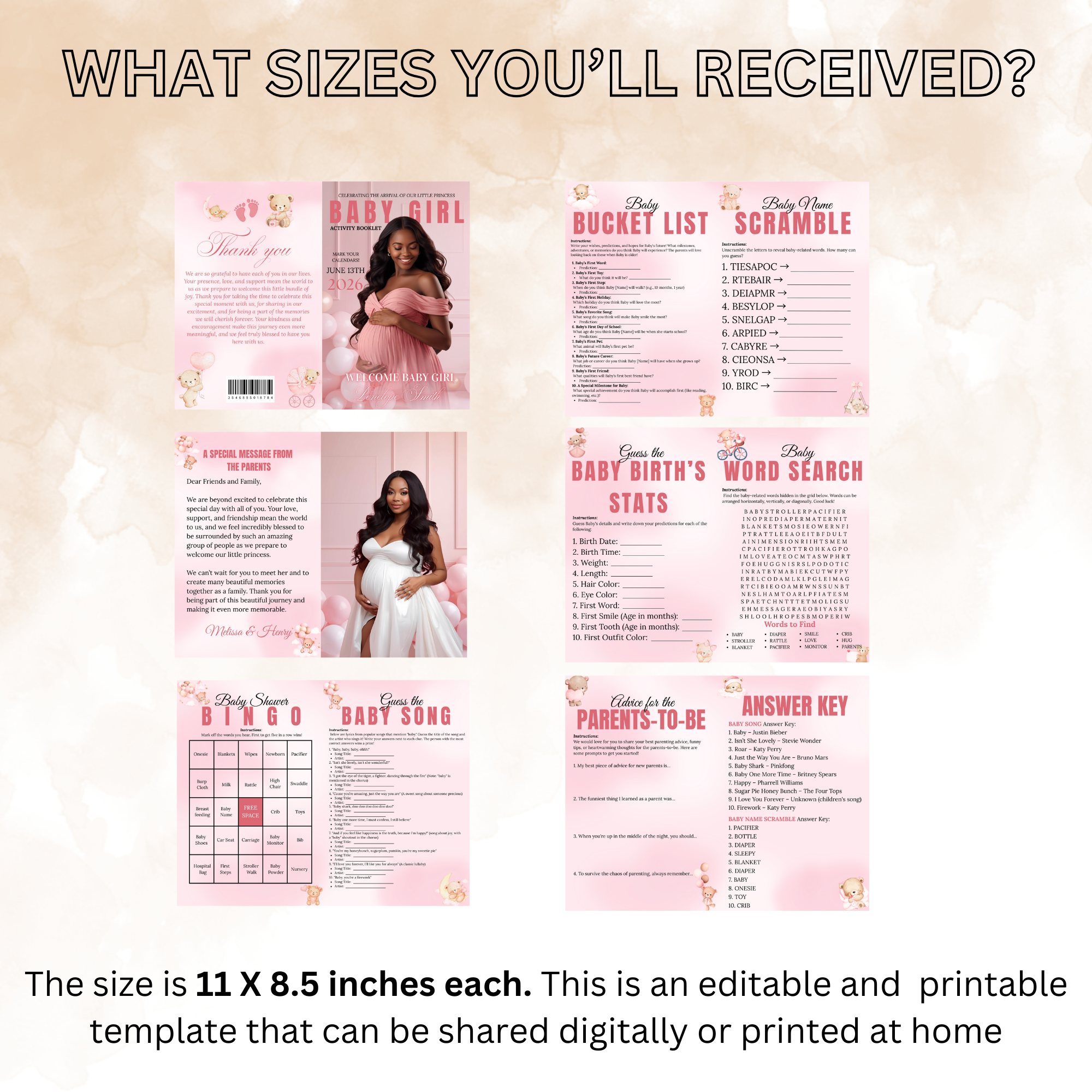 Pink Baby Shower Activity Booklet, Baby Shower Games Bundle Teddy Bear Themed, Magazine Style with photo Printable Party Decor Template