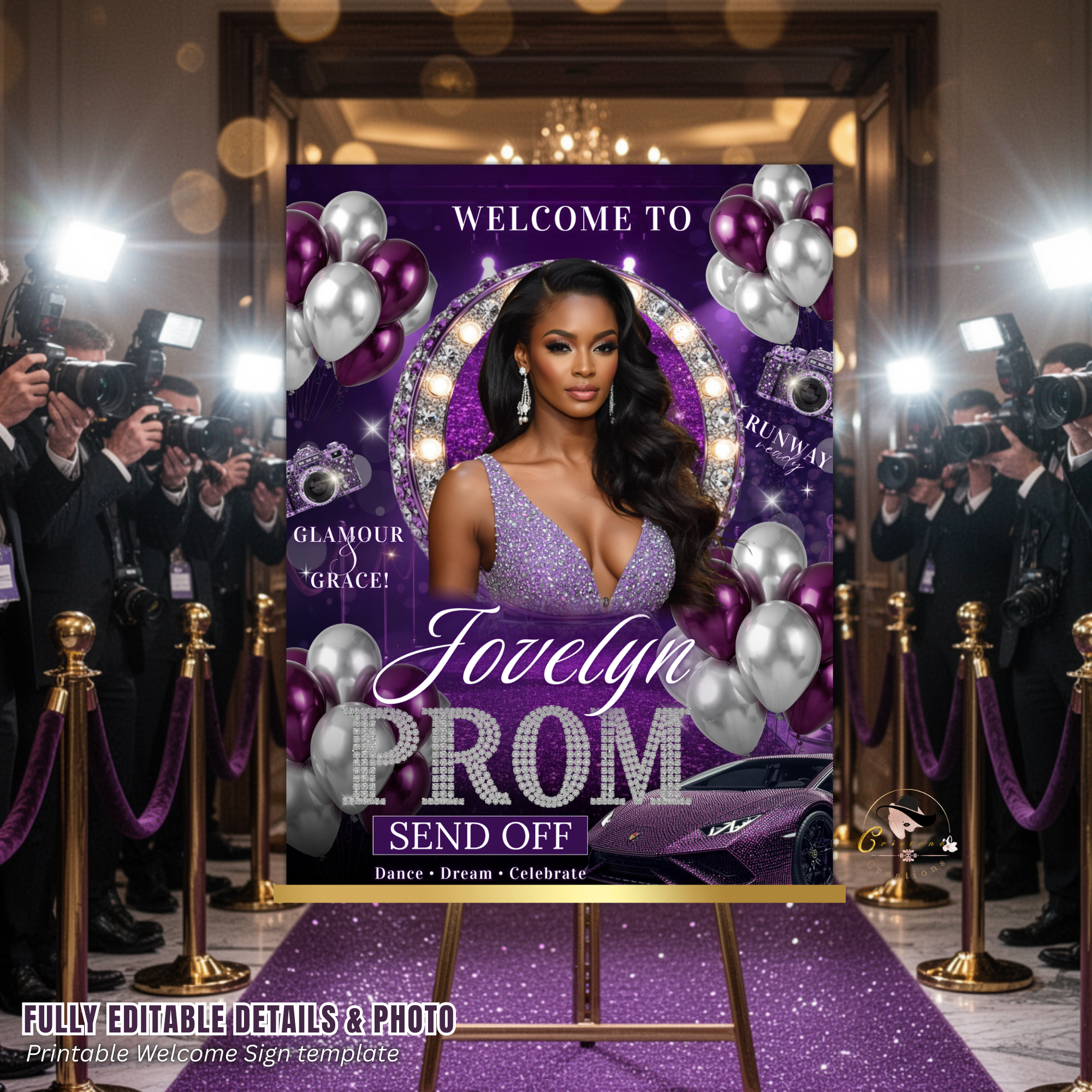 Purple Silver Prom Send Off Welcome Party Sign, Prom Queen Poster Sign with photo Entrance Board Sign Senior Junior Night Printable Template