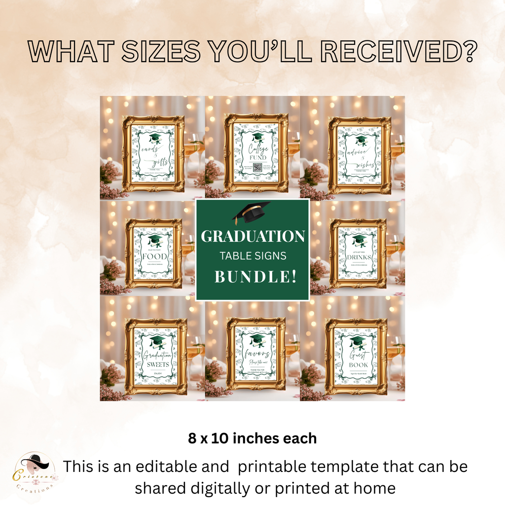 Green Coquette Graduation Table Signs Bundle, Senior Grad Favor sign, College Fund Sign, Food Sign, Graduates Party Decor Printable Template