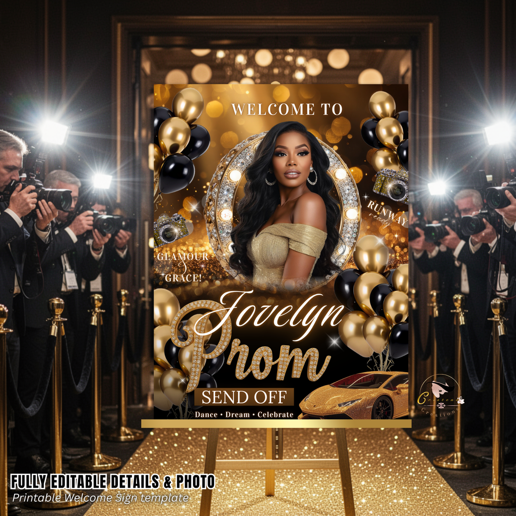 Black Gold Prom Send Off Welcome Party Sign, Prom Queen Poster Sign with photo, Entrance Board Sign, Teen Girl and Boy Printable Template