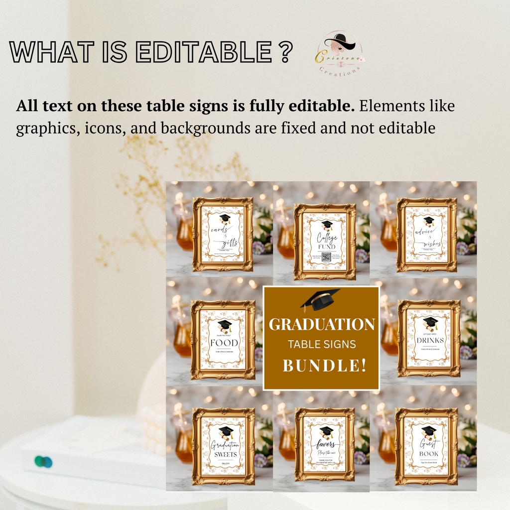 White Gold Coquette Graduation Table Signs Bundle, Senior Grad Favor sign, College Fund Sign, Woman Graduates Party Decor Printable Template