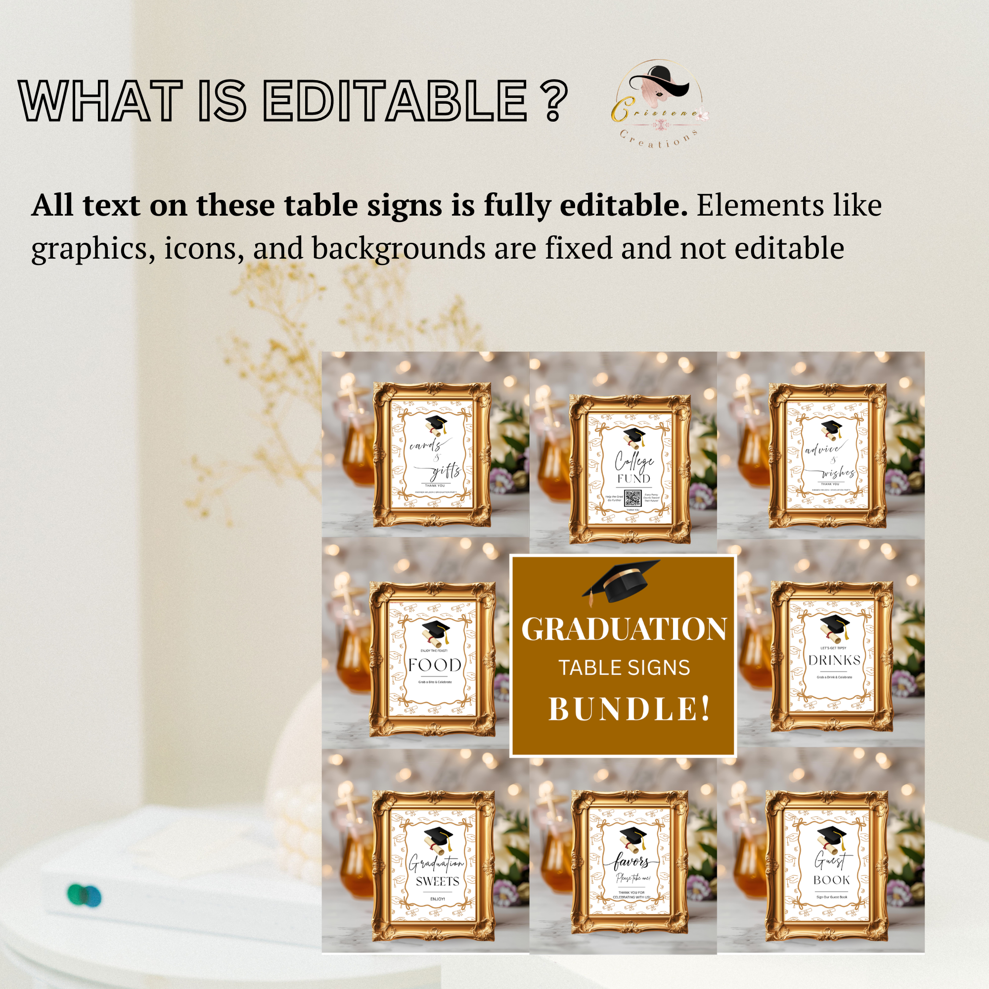 White Gold Coquette Graduation Table Signs Bundle, Senior Grad Favor sign, College Fund Sign, Woman Graduates Party Decor Printable Template