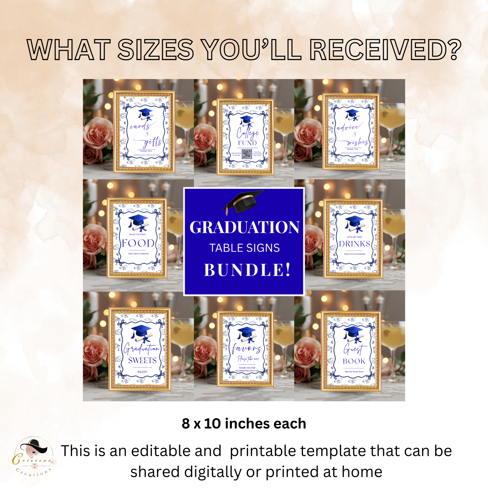 Blue Coquette Graduation Table Signs Bundle, Senior Grad Favor sign, College Fund Sign, Food Sign, Graduates Party Decor Printable Template