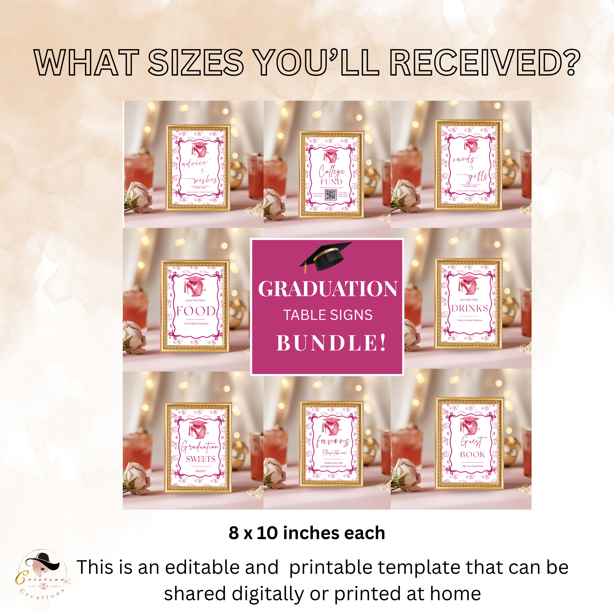 Pink Coquette Graduation Table Signs Bundle, Senior Grad Favor sign, College Fund Sign, Food Sign, Graduates Party Decor Printable Template