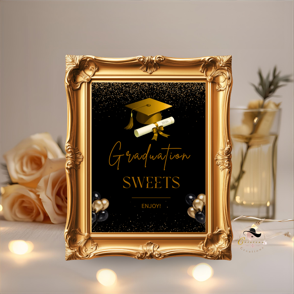 Black Gold Graduation Party Table Signs Bundle, Senior Grad Favor sign, Dessert Sign, Food and Drinks Sign, Graduates Printable Template
