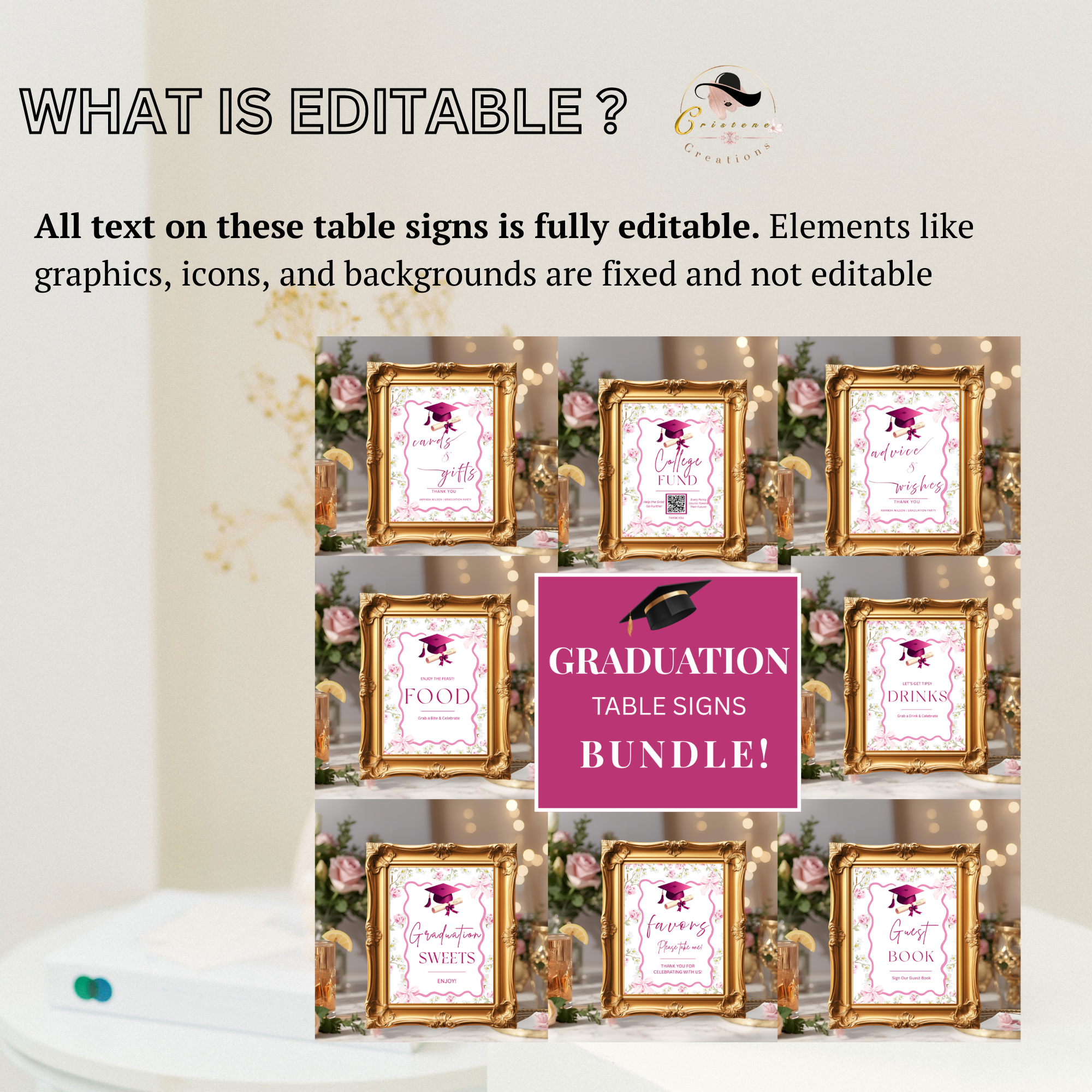 Wildflower Graduation Table Signs Bundle, Woman Senior Grad Favor sign, Dessert Sign, Pink Coquette Graduates Party Decor Printable Template