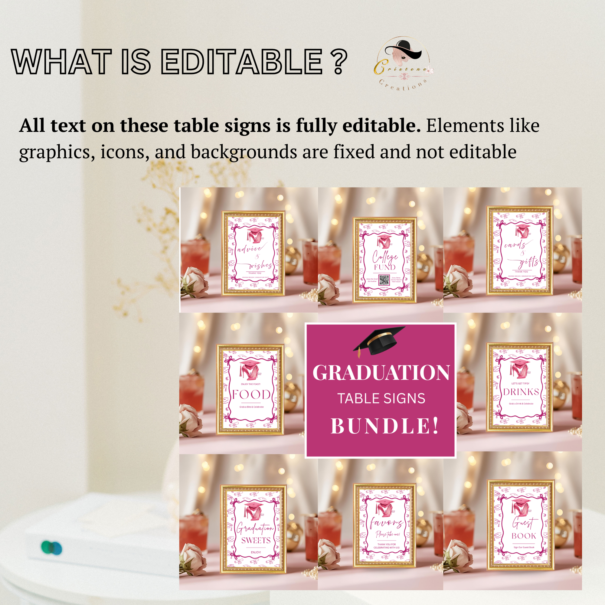 Pink Coquette Graduation Table Signs Bundle, Senior Grad Favor sign, College Fund Sign, Food Sign, Graduates Party Decor Printable Template