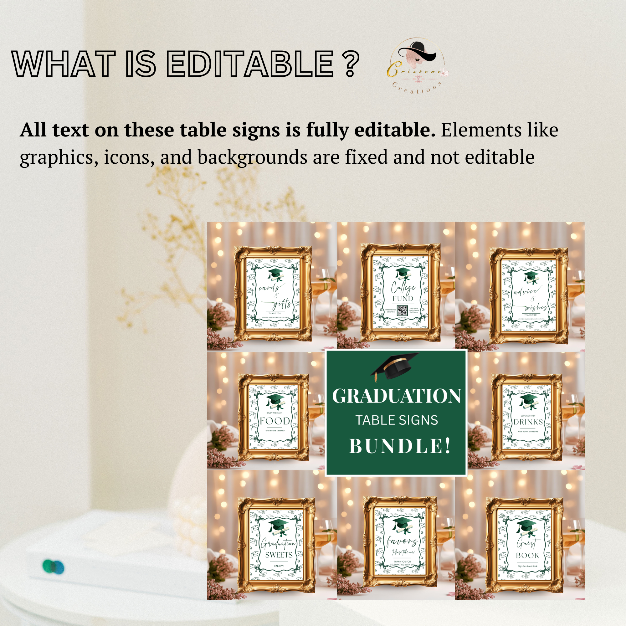 Green Coquette Graduation Table Signs Bundle, Senior Grad Favor sign, College Fund Sign, Food Sign, Graduates Party Decor Printable Template