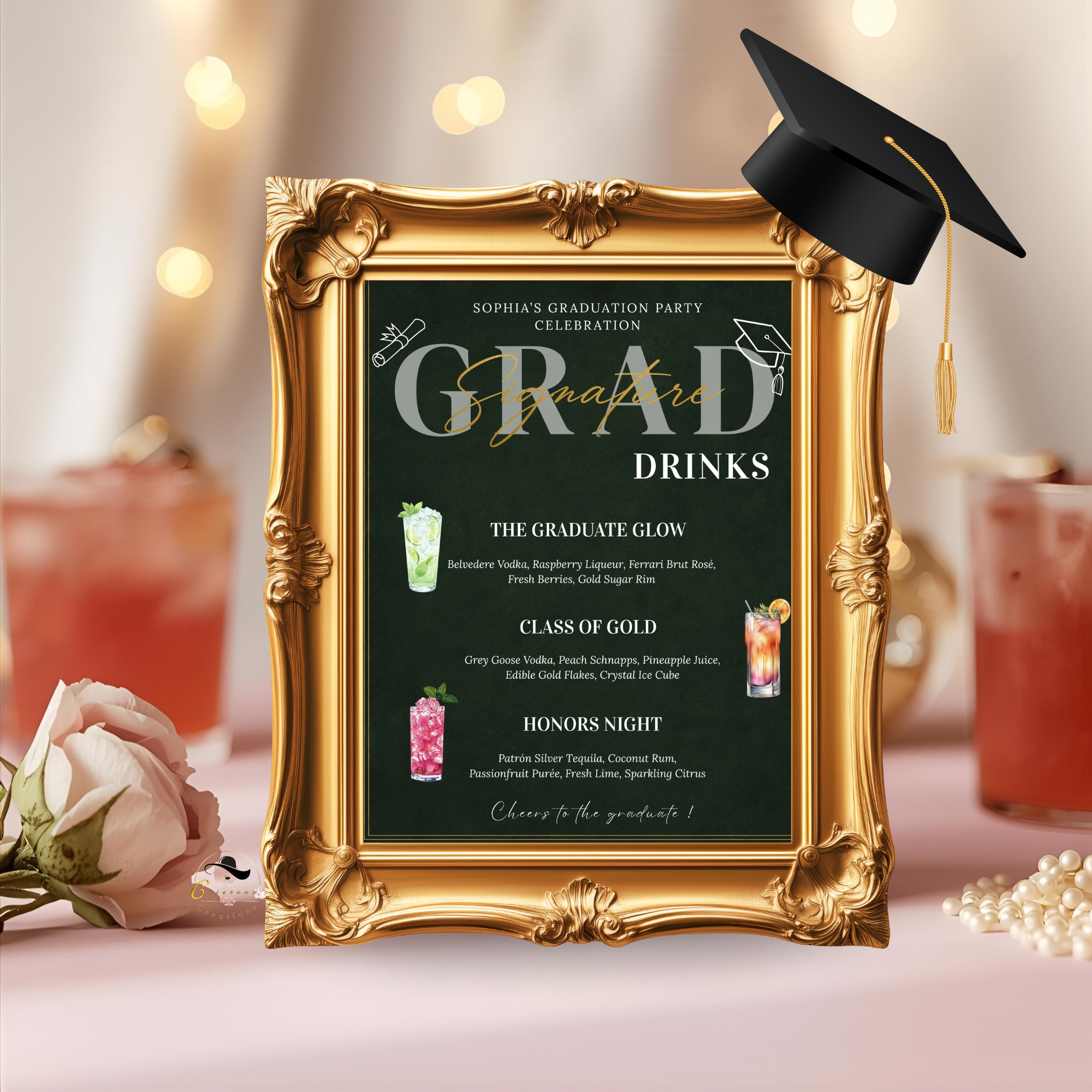Green Graduation Drink Sign Menu, Signature Drinks Bar Menu, Senior Grad Party Soda Bar Menu Card for Him and Her, Printable Template