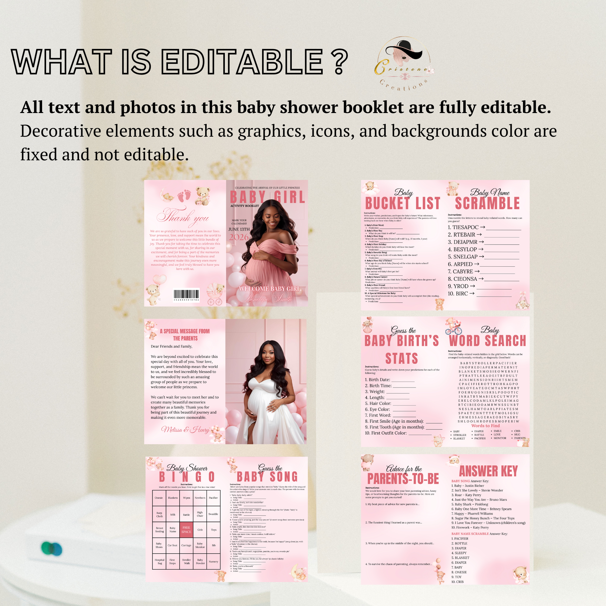 Pink Baby Shower Activity Booklet, Baby Shower Games Bundle Teddy Bear Themed, Magazine Style with photo Printable Party Decor Template