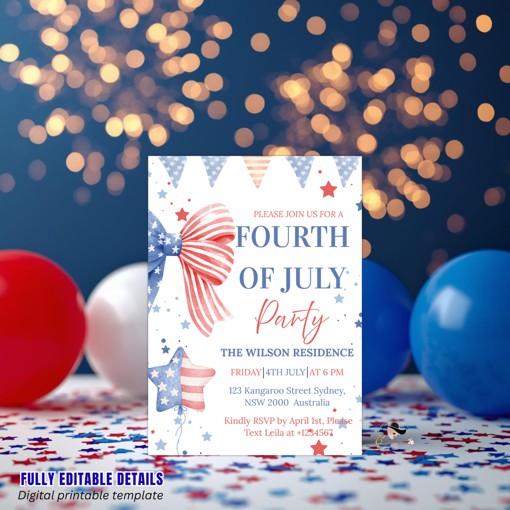 Bow 4th of July Invitation, Fourth of July BBQ invite, USA Independence day, Patriotic Invite, Red White Blue, Digital Printable template