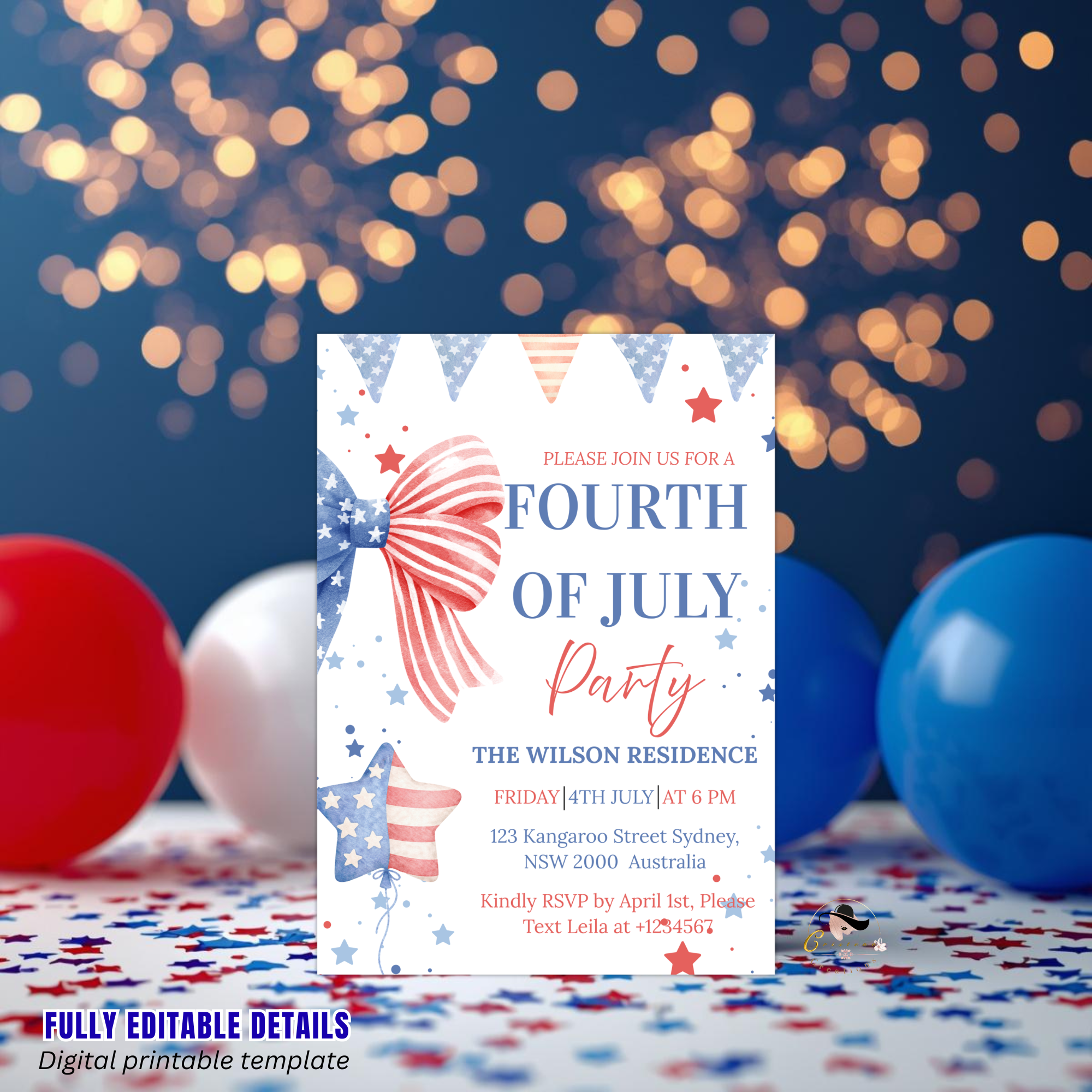 Bow 4th of July Invitation, Fourth of July BBQ invite, USA Independence day, Patriotic Invite, Red White Blue, Digital Printable template