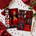 Red Graduation Invitation with Photo, Class of 2026 Grad Party Announcement Invite, Printable Editable Digital Template for Him and Her