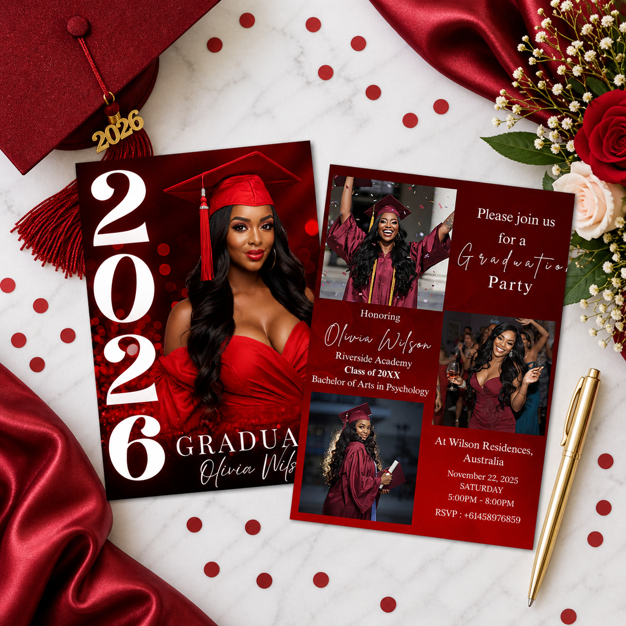 Red Graduation Invitation with Photo, Class of 2026 Grad Party Announcement Invite, Printable Editable Digital Template for Him and Her