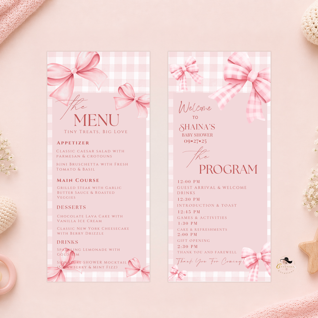 Baby Shower Menu and Program Template, Pink Bow Coquette Baby Girl Shower Itinerary Card, Baby Party Menu, Editable Canva Printable
