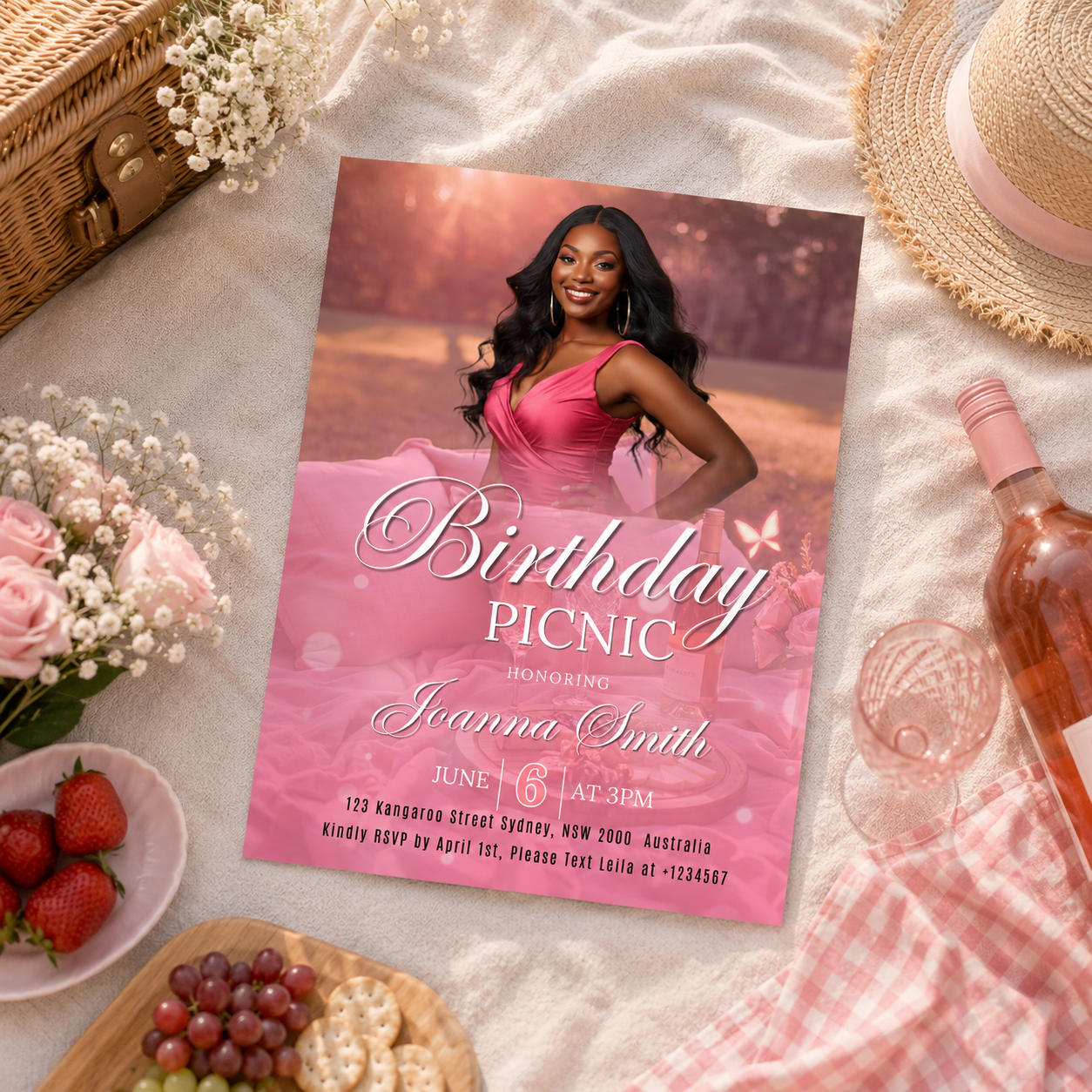 Pink Picnic Birthday Invitation with Photo, Adult Girl Summer Party Invite, Picnic at the Park Invite, Printable Editable Canva Template