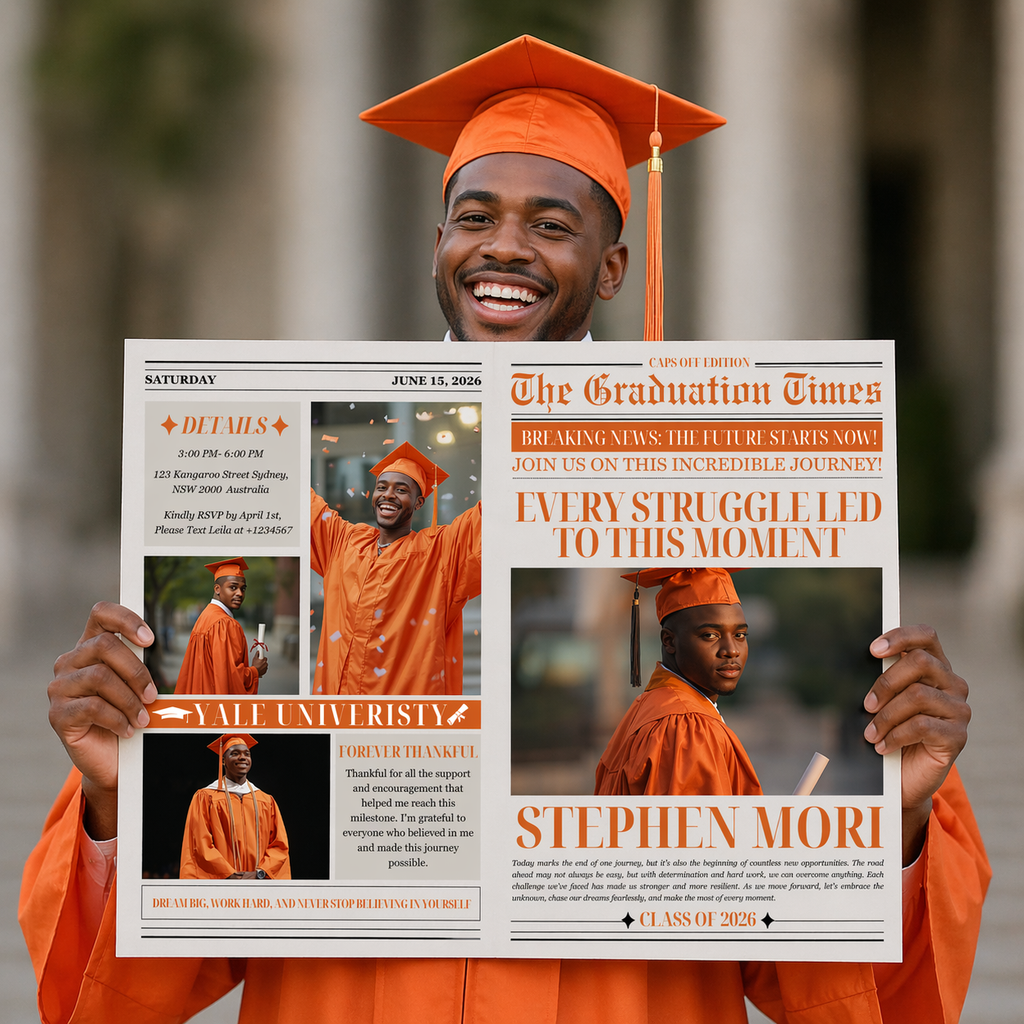 Orange Graduation Announcement Newspaper Template with Photo, Class of 2026 Grad Party for Boys and Girls, Editable Canva Digital Printable