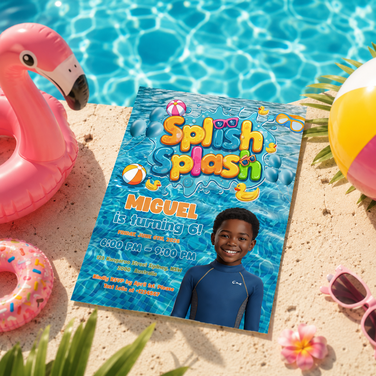 Kids Pool Party Birthday Invitation with Photo, Splash Party Invite, Tropical Summer Swim Party, Boy Birthday, Editable Canva Template