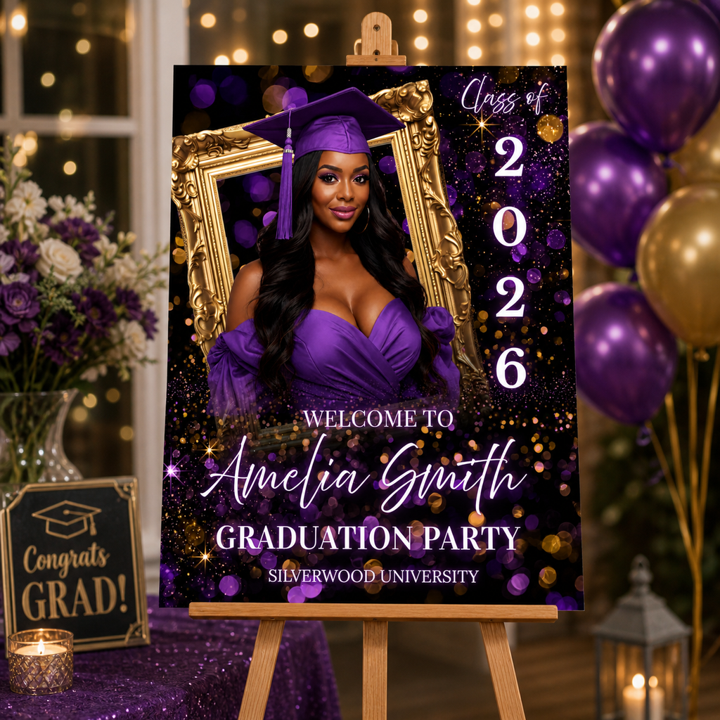 Purple Graduation Welcome Sign with Photo, Class of 2026 Senior Grad Party Sign for Him and Her, High School College Editable Canva Template