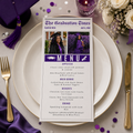 Purple Graduation Newspaper Menu Template with Photo, Senior Grad Party Dinner Menu for High School College, Graduates Menu Printable Card