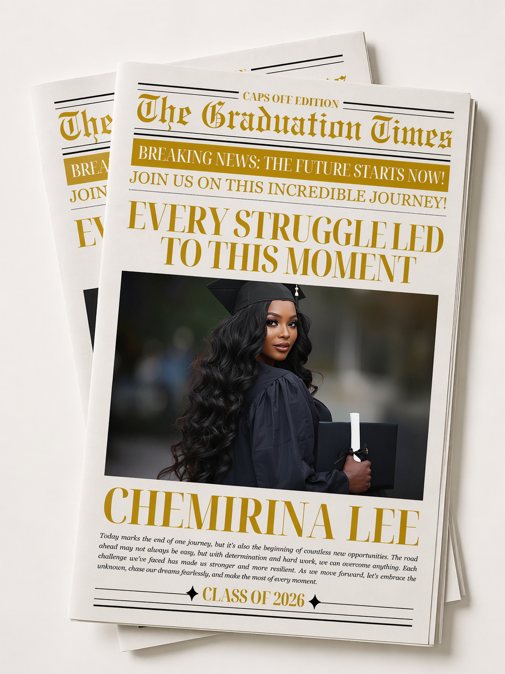Graduation Announcement Newspaper Template with Photo, Class of 2026 for Boys and Girls, Senior Grad Invite, Gold Editable Printable Canva