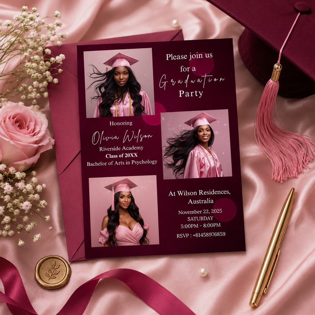 Pink Graduation Invitation with Photo for Her, Class of 2026 Grad Announcement Invite, College High School Printable Editable Canva Template