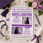 Newspaper LPN Nurse Graduation Invitation with Photo, Nursing Pinning Ceremony Invite for Women Purple Nurse Flyer, Canva Printable Template