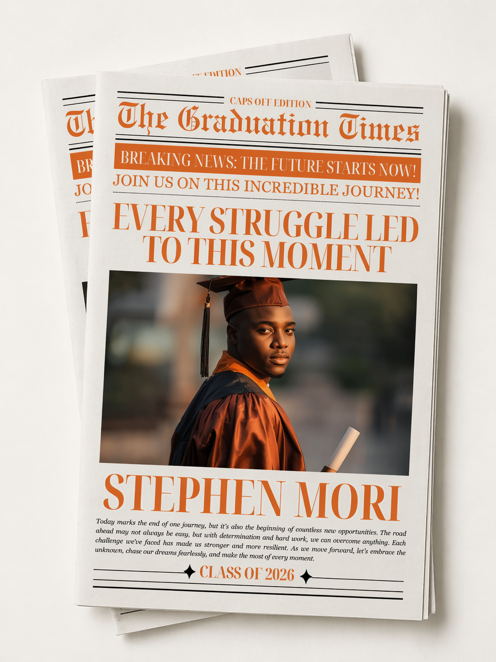 Orange Graduation Announcement Newspaper Template with Photo, Class of 2026 Grad Party for Boys and Girls, Editable Canva Digital Printable