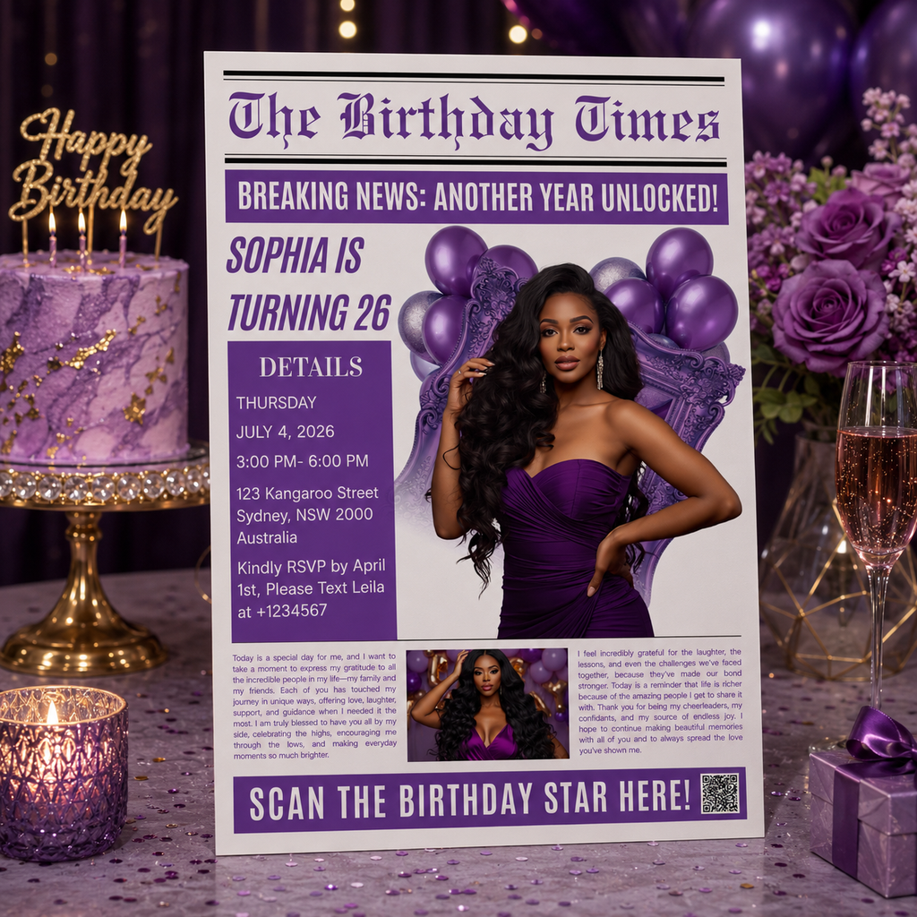 Purple Newspaper Birthday Invitation with Photo, Woman Birthday Dinner & Brunch Party Invite, Adult Celebration Editable Canva Template