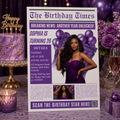 Purple Newspaper Birthday Invitation with Photo, Woman Birthday Dinner & Brunch Party Invite, Adult Celebration Editable Canva Template