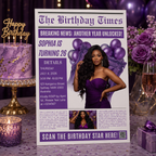 Purple Newspaper Birthday Invitation with Photo, Woman Birthday Dinner & Brunch Party Invite, Adult Celebration Editable Canva Template