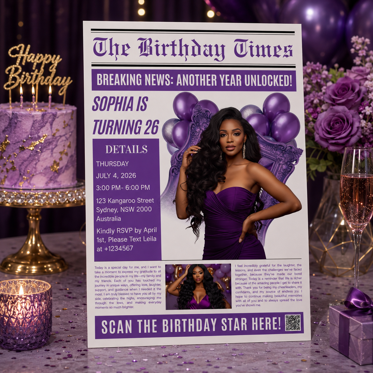 Purple Newspaper Birthday Invitation with Photo, Woman Birthday Dinner & Brunch Party Invite, Adult Celebration Editable Canva Template
