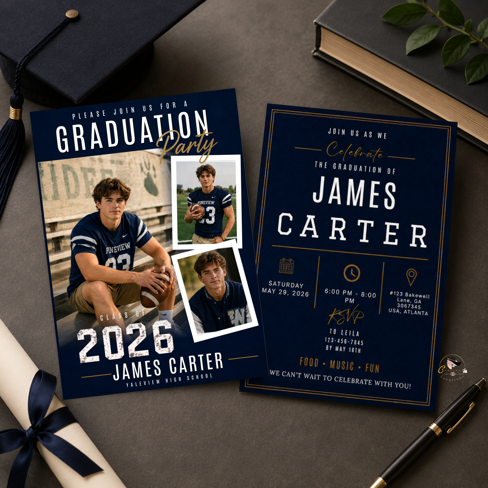 Blue Graduation Announcement Invitation with Photo for Him, Class of 2026 High School College Grad Party Invite, Printable Template