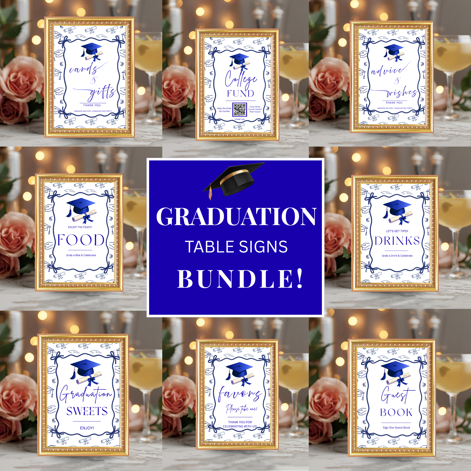 Blue Coquette Graduation Table Signs Bundle, Senior Grad Favor sign, College Fund Sign, Food Sign, Graduates Party Decor Printable Template