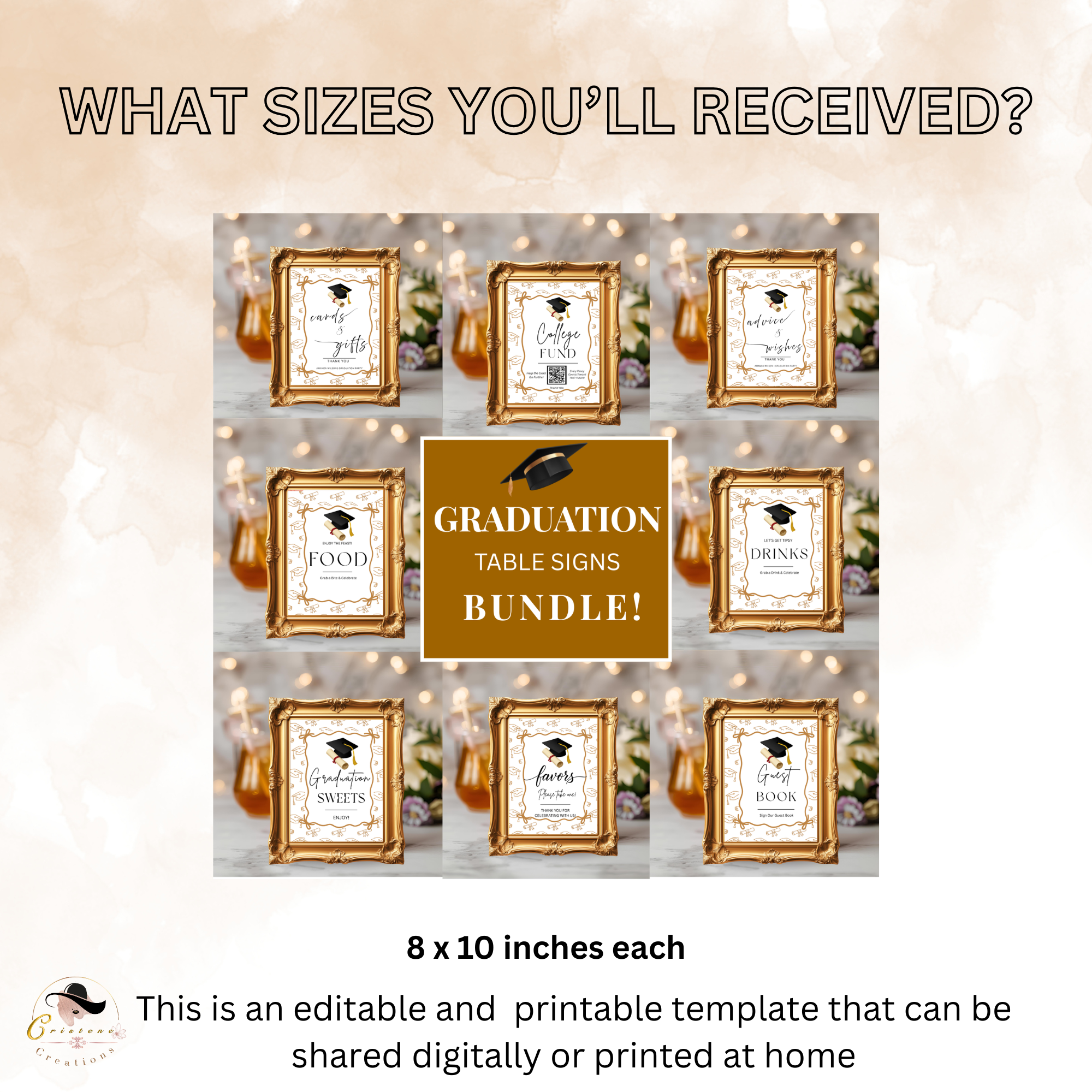 White Gold Coquette Graduation Table Signs Bundle, Senior Grad Favor sign, College Fund Sign, Woman Graduates Party Decor Printable Template