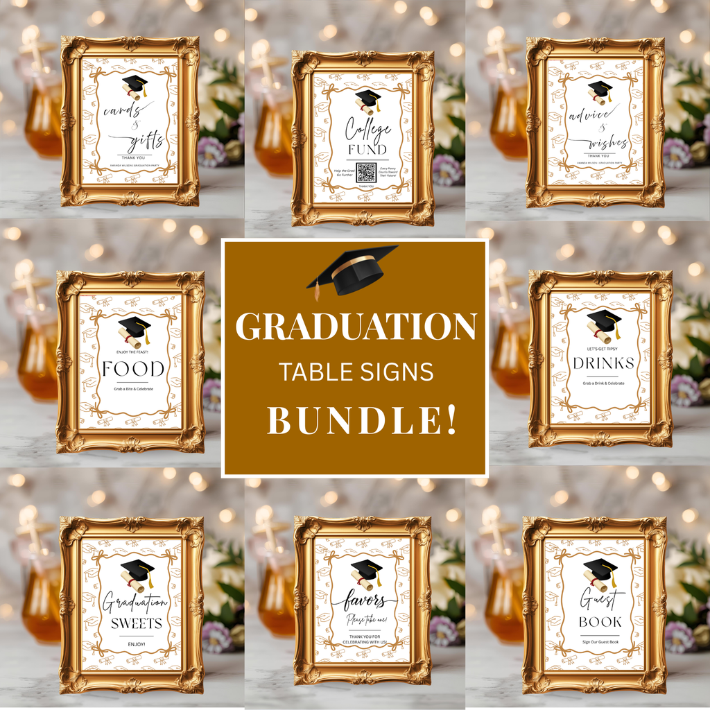 White Gold Coquette Graduation Table Signs Bundle, Senior Grad Favor sign, College Fund Sign, Woman Graduates Party Decor Printable Template