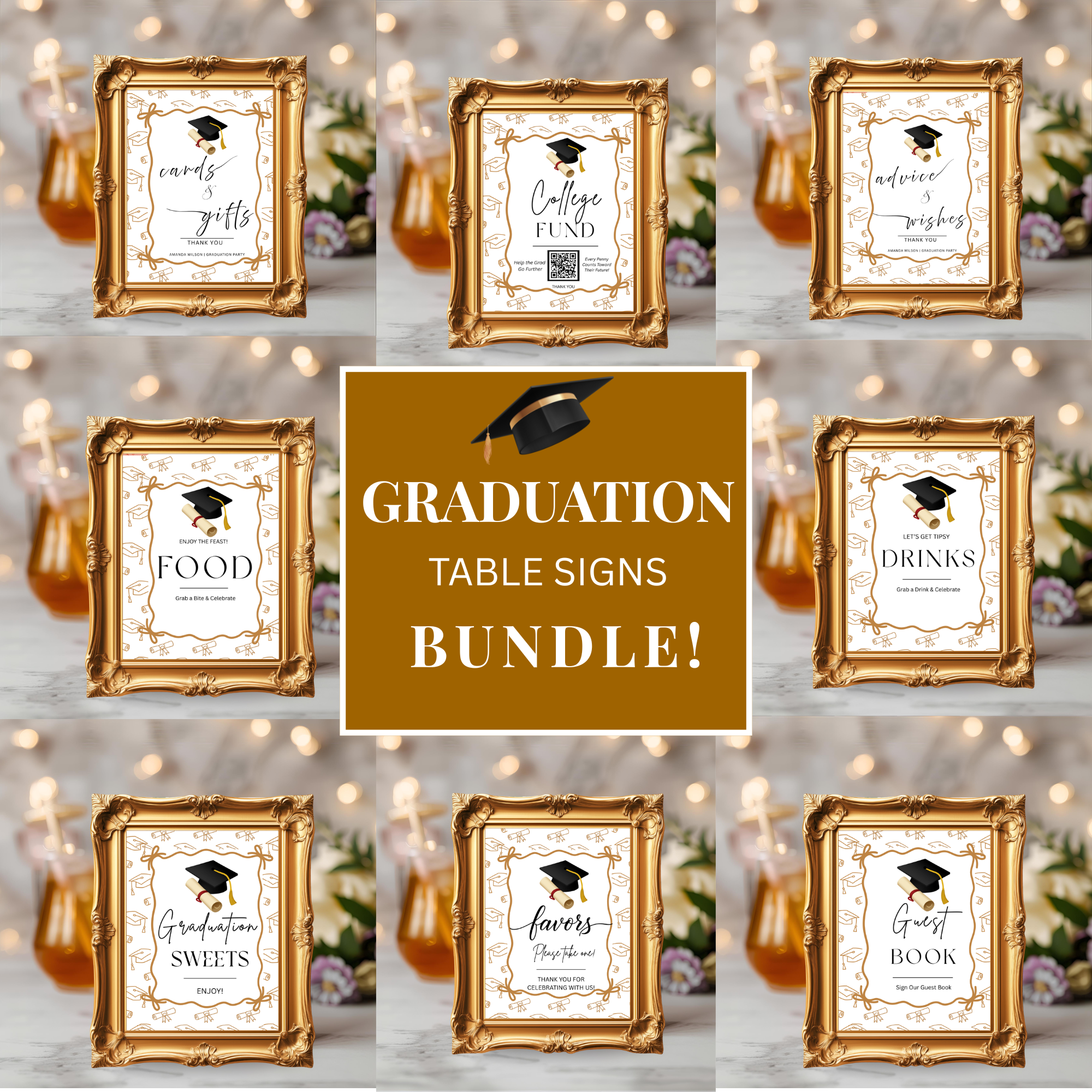 White Gold Coquette Graduation Table Signs Bundle, Senior Grad Favor sign, College Fund Sign, Woman Graduates Party Decor Printable Template