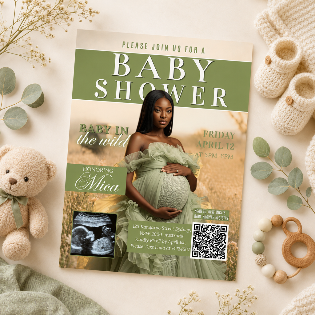 Safari Baby Shower Invitation with Photo, Jungle Zoo Baby Girl Boy Shower Invite, Green Brown Printable Editable Digital Canva Template