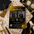 Twin Graduation Invitation with Photo, Double Senior Grad Party Invite For Him and Her Class of 2026 Graduates Black Gold Printable Template