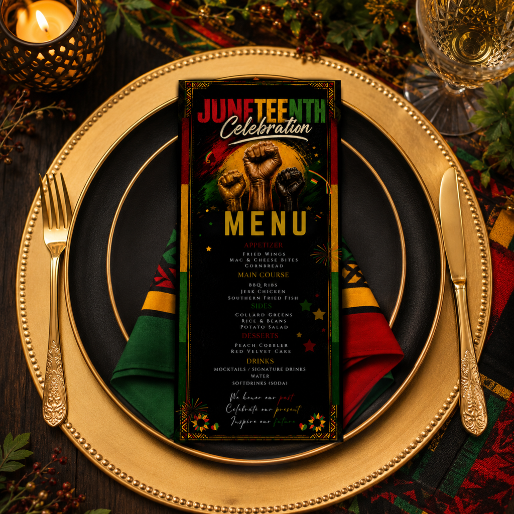 Juneteenth Party Menu Template, June 19th Black Freedom Day BBQ Cookout Menu, Jubilee Day Dinner Menu Card, Printable Digital Canva Template
