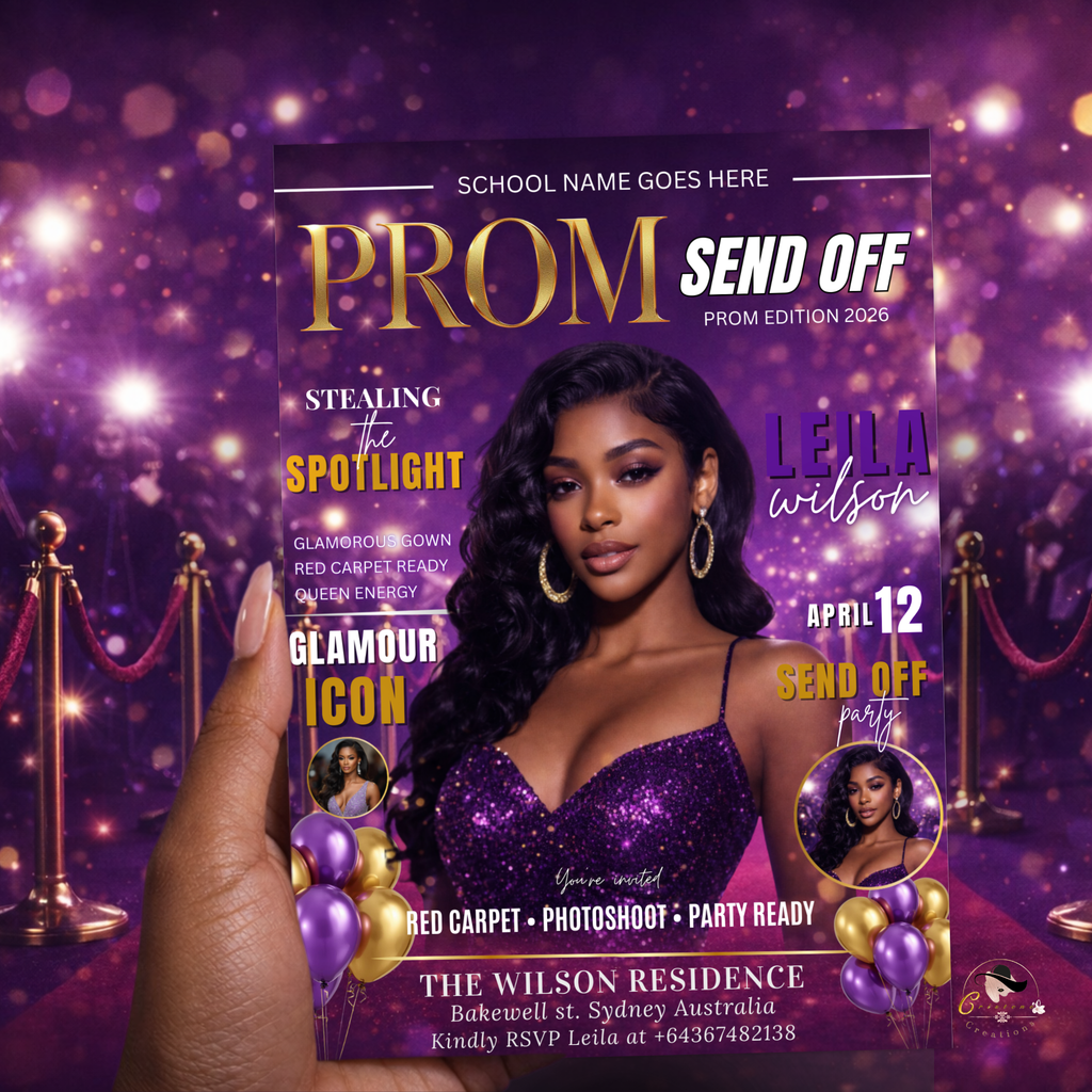 Purple Gold Prom Send Off Party Invitation, Prom Queen with photo invite, Girls Prom Night Flyer, Magazine Cover, Digital Printable Template