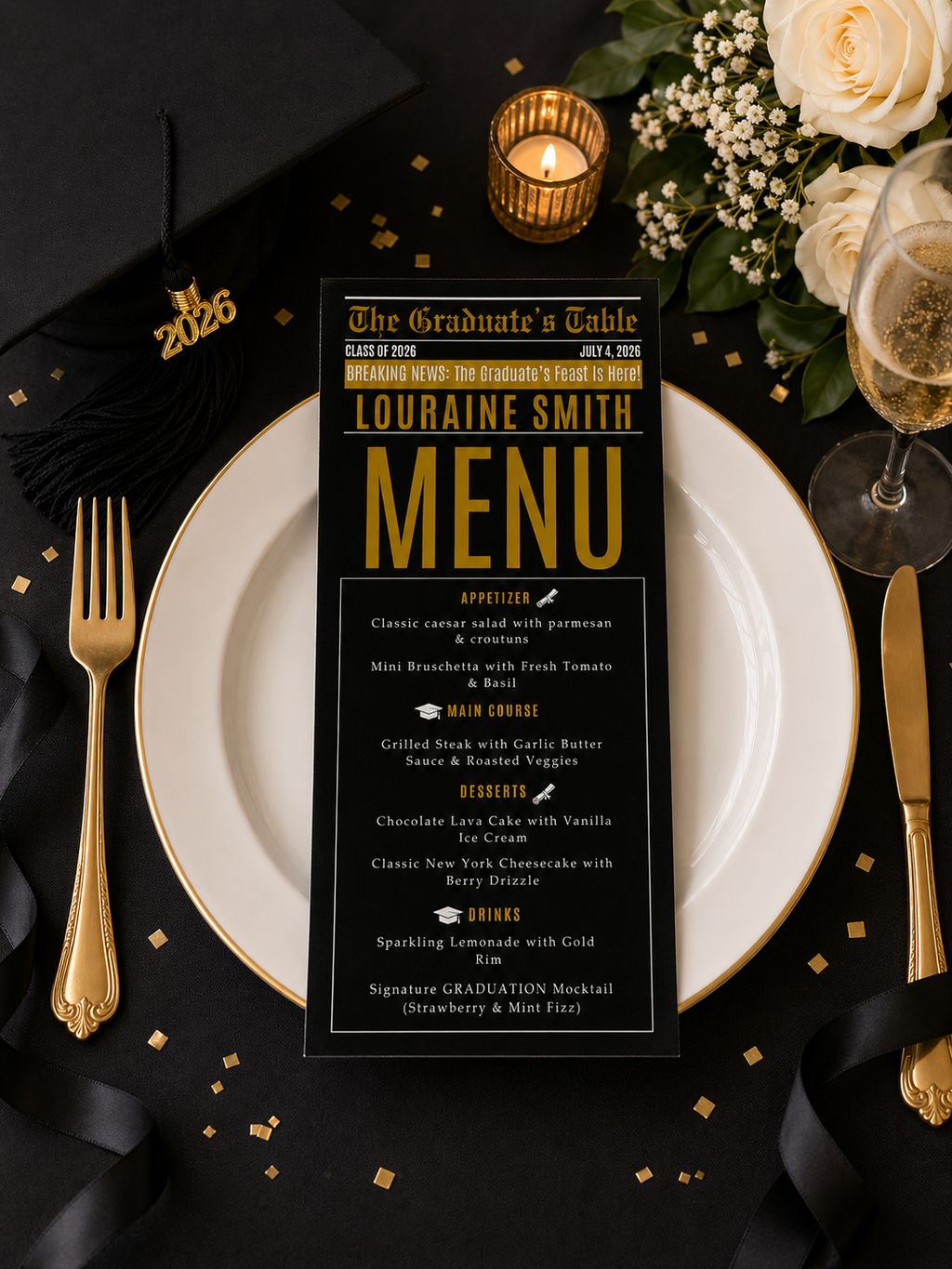 Black Gold Graduation Newspaper Menu, Class of 2026 Dinner Brunch Menu Template, Printable for Him and Her High School College Menu Card