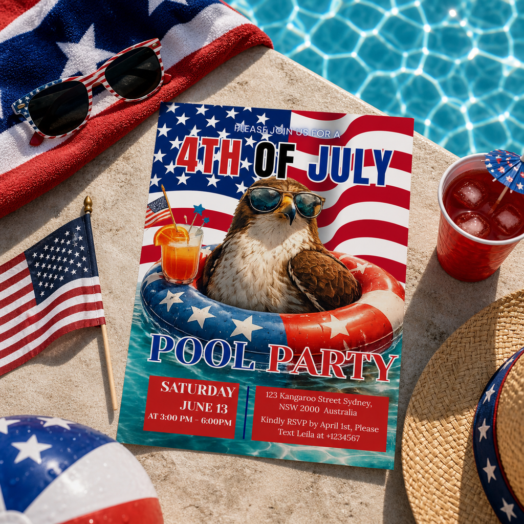 4th of July Pool Party Invitation, Patriotic BBQ Cookout Party Invite, Independence Day Fireworks Invite, Printable Digital Template