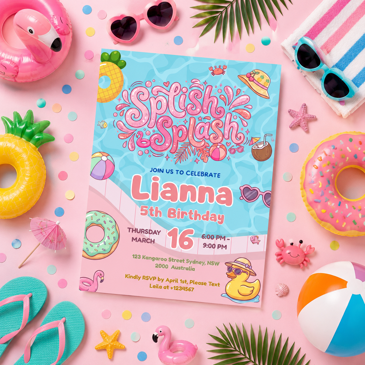 Pool Birthday Party Invitation for Girl, Splish Splash Invite, Summer Beach Kids Invite, Tropical Aloha Luau Invite, Printable Template